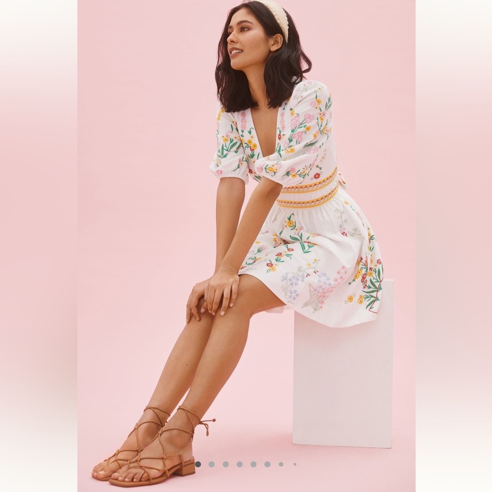 Anthropologie Deep-V Embroidered Floral Mini Dress